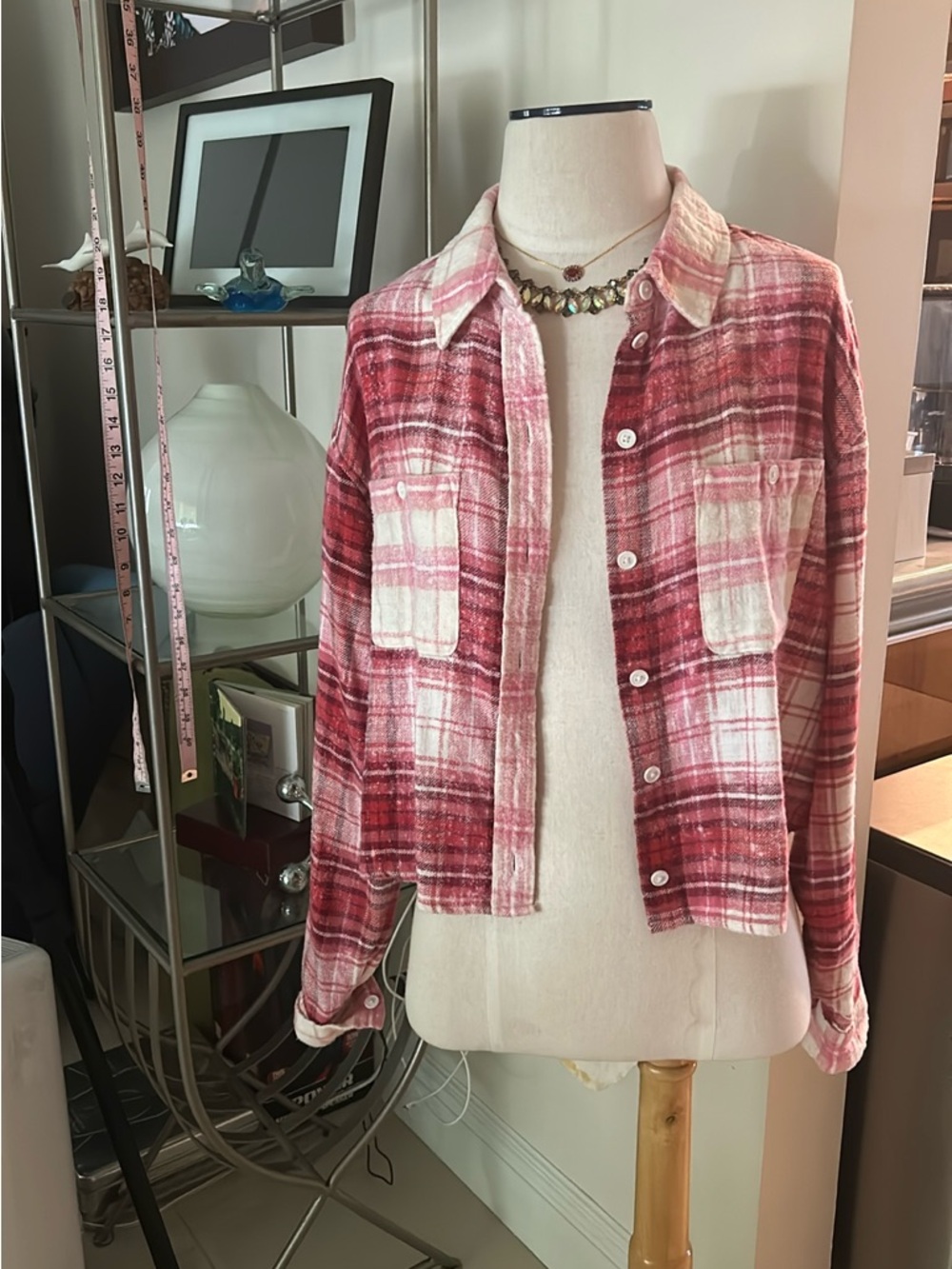 Upcycled Red Plaid Button-Up Flannel Shirt Jacket with Native American Design L